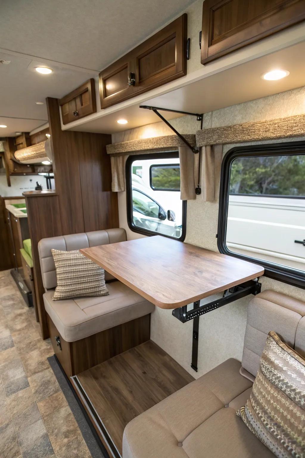 A floating table design maintains an open and airy RV interior.