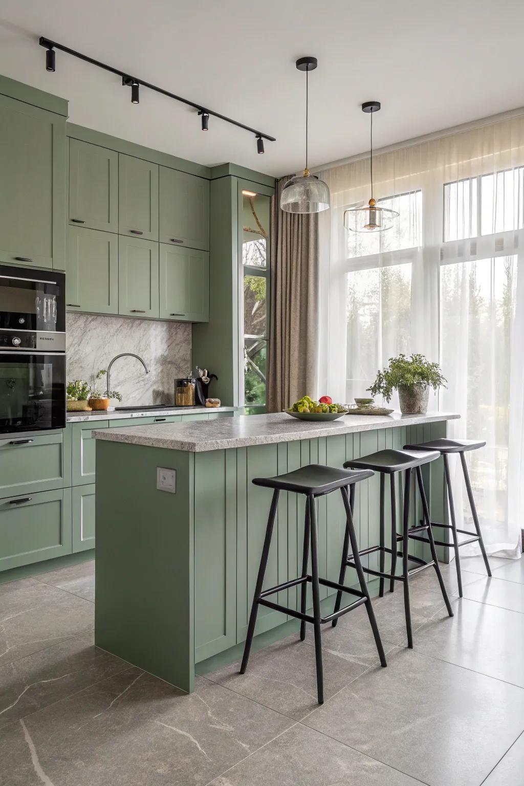 Industrial hints add edge to the soft green tea kitchen.