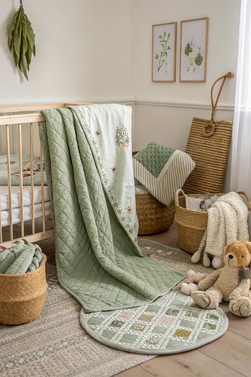 Layered textures add depth and luxury to a soft leaf green nursery.