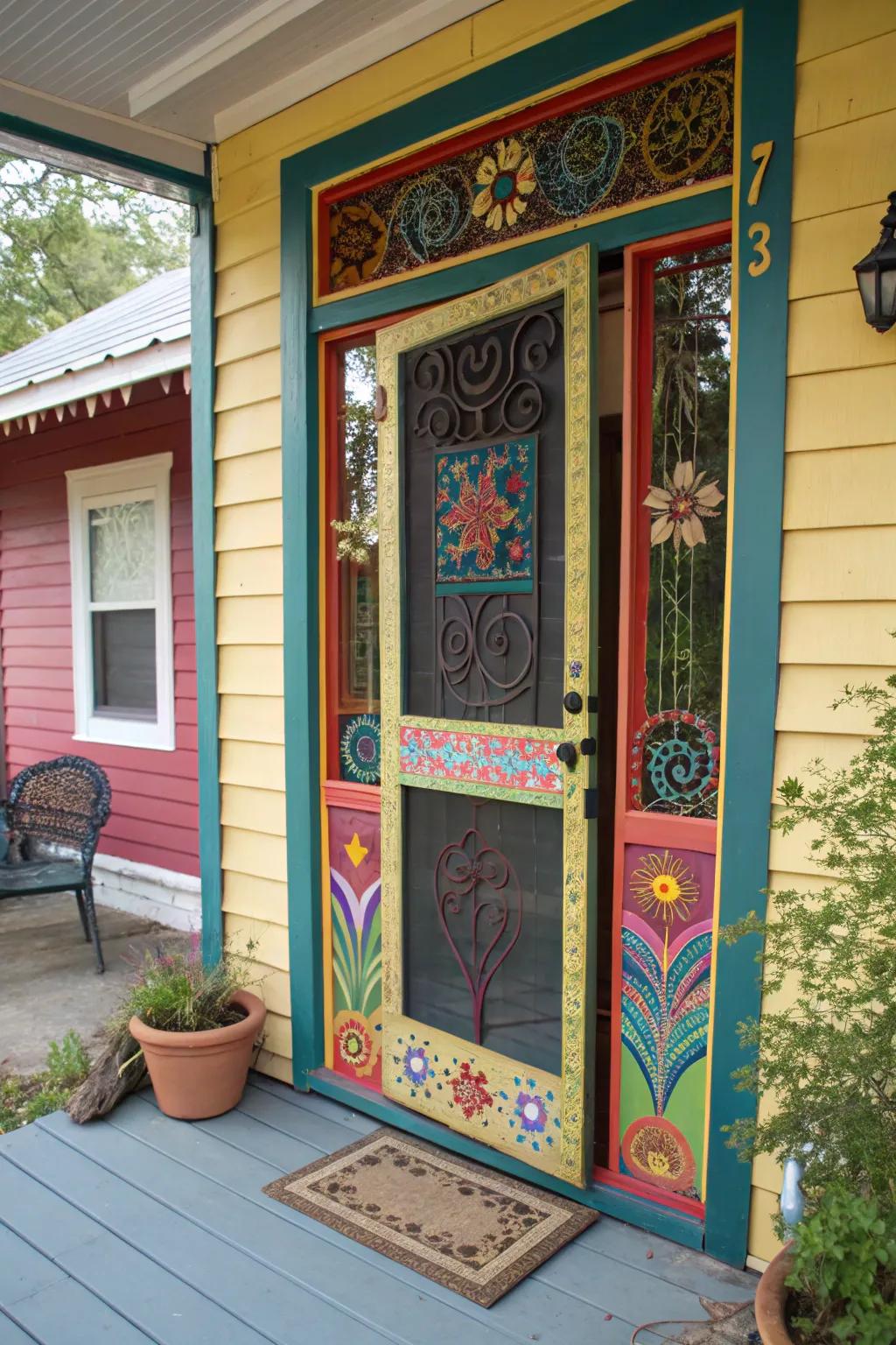An artistic screen door serves as a canvas for creative expression.