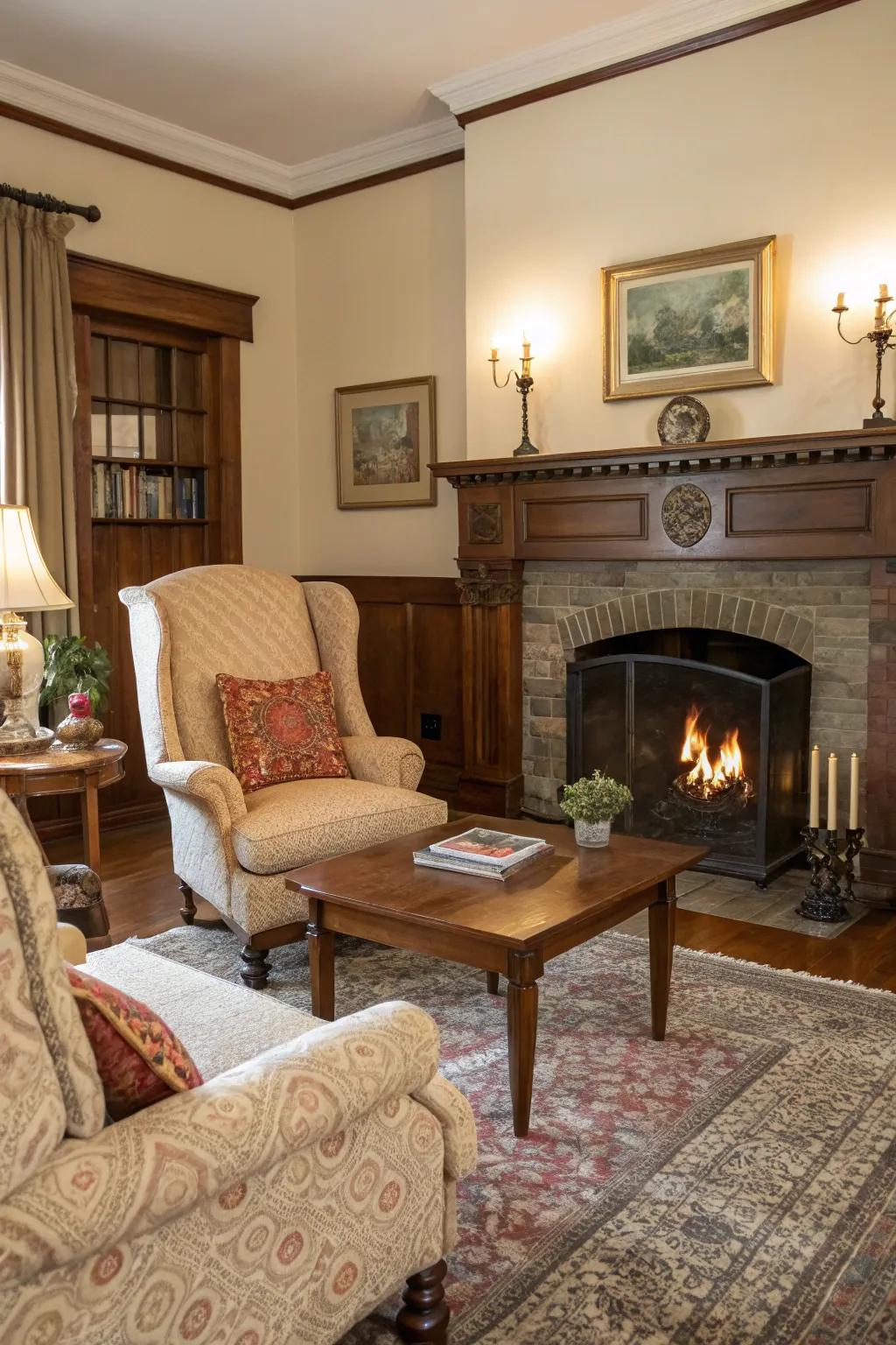 Retro furniture infuses allure and character into the fireplace seating space.