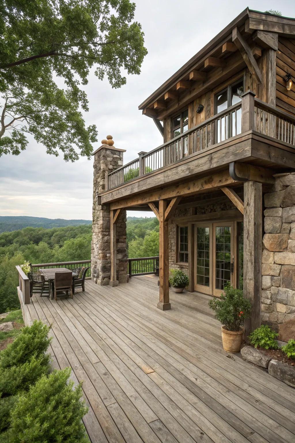 A deck exuding rustic charm, featuring natural materials for a cozy retreat.