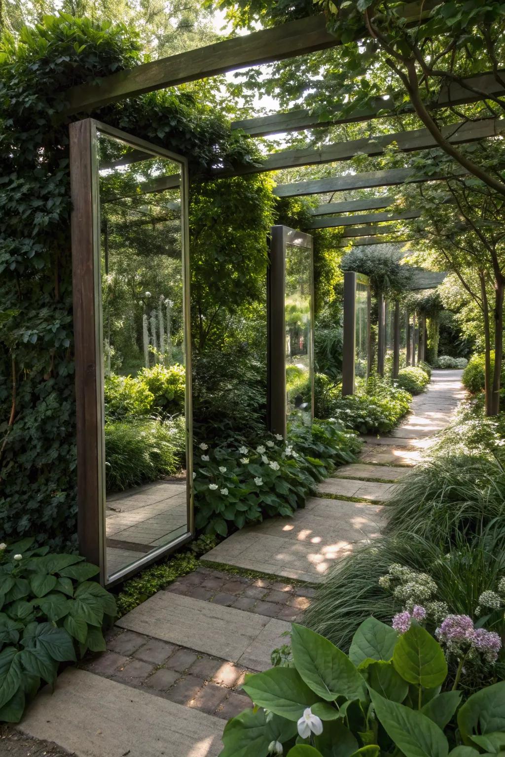 Reflective panes brightening dim lawn recesses.