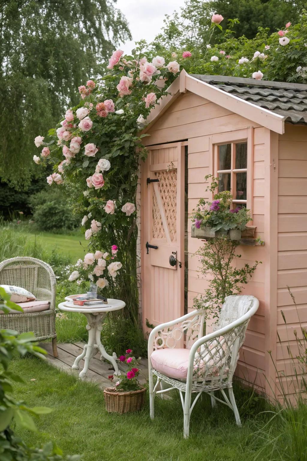 Rosy Hues evoke a whimsical and snug garden atmosphere.