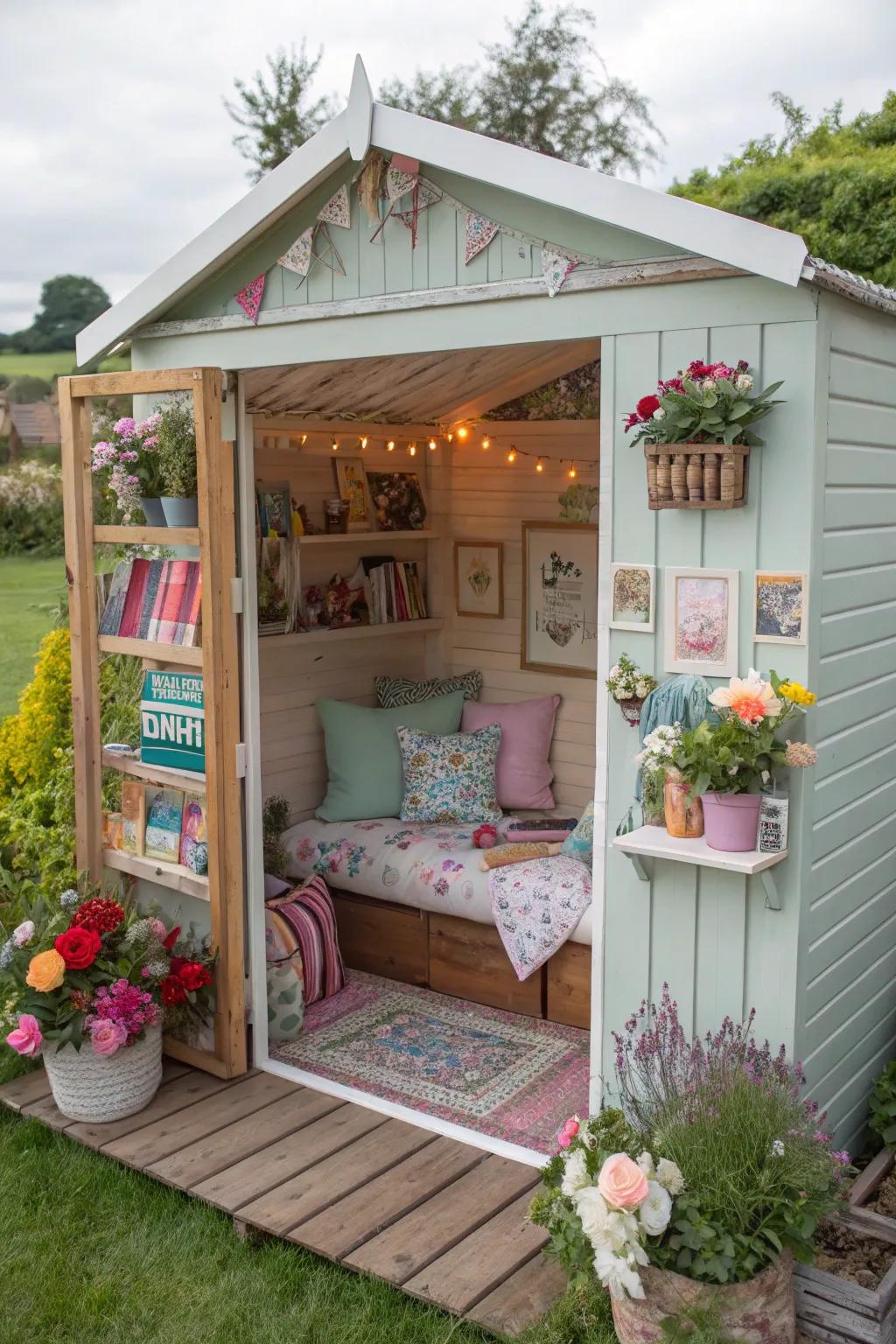 A garden shed transformed into a cozy lady lair.