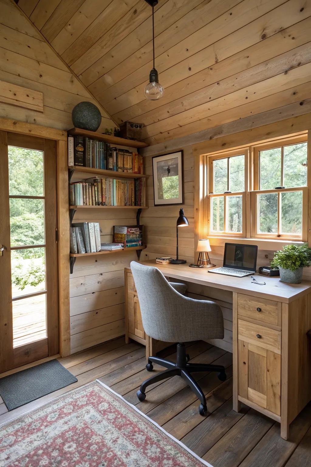 A shed home featuring a dedicated home office space designed for productivity.