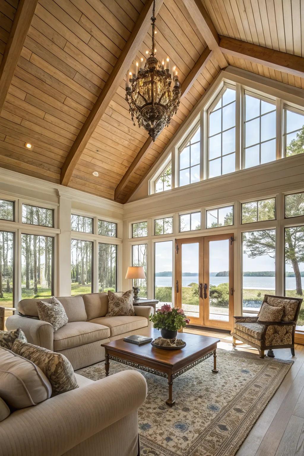 A grand vaulted shiplap ceiling that expands the space.