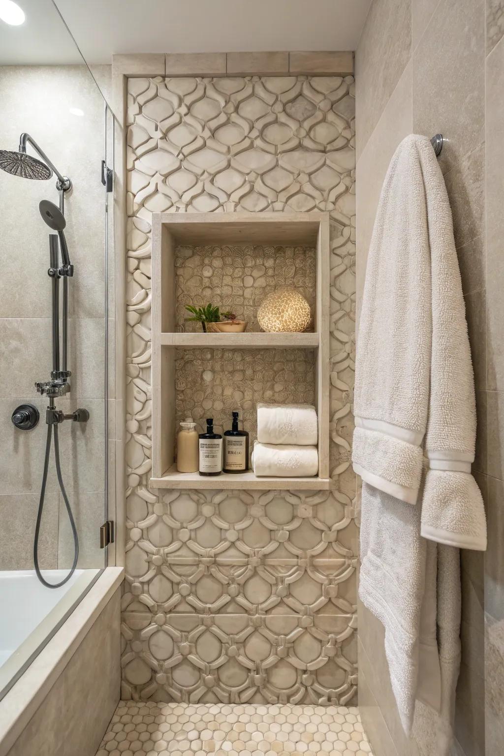 Layered tiles add depth and intrigue to a shower niche