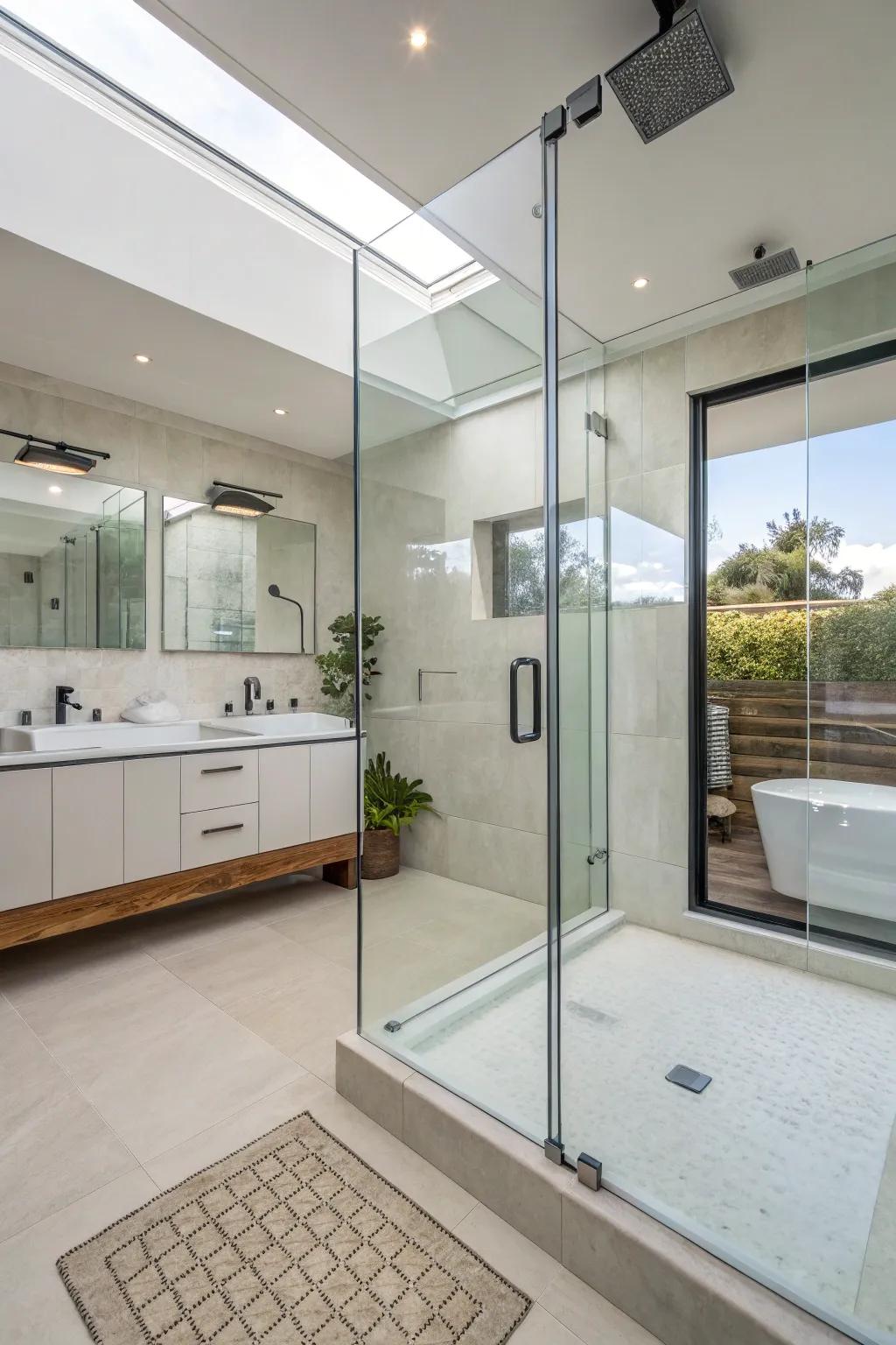 A seamless and modern shower room with frameless glass screens.
