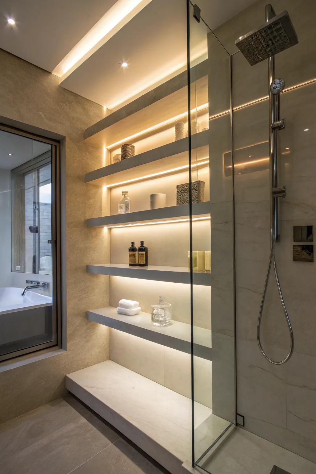 Floating shelves with lighting boost both aesthetic appeal and functionality.