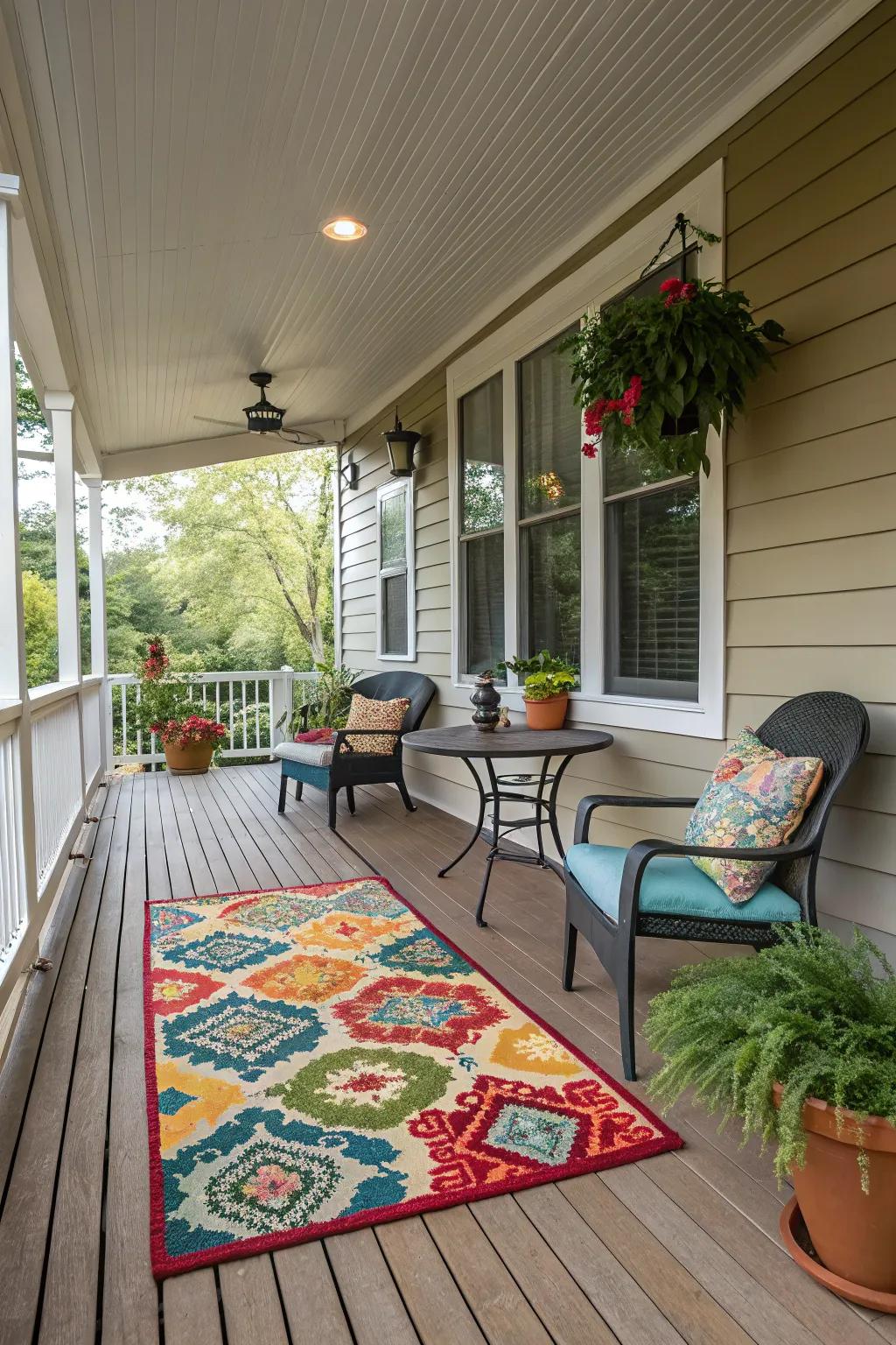 A vibrant outdoor carpet improving the comfort of the veranda.
