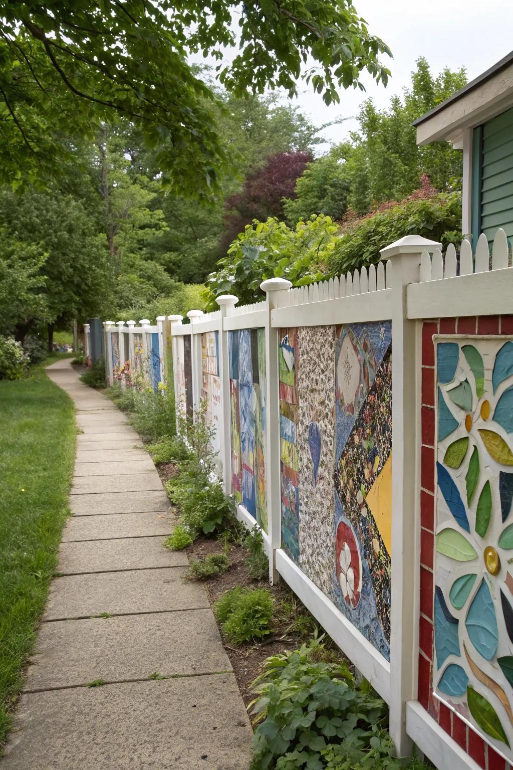 Colorful side yard with a mosaic tile fence.