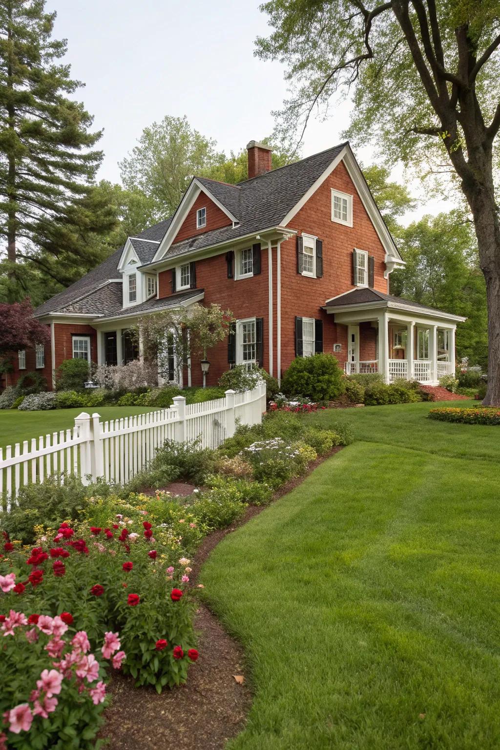 Block scarlet outer walls for a timeless and classic residential facade.