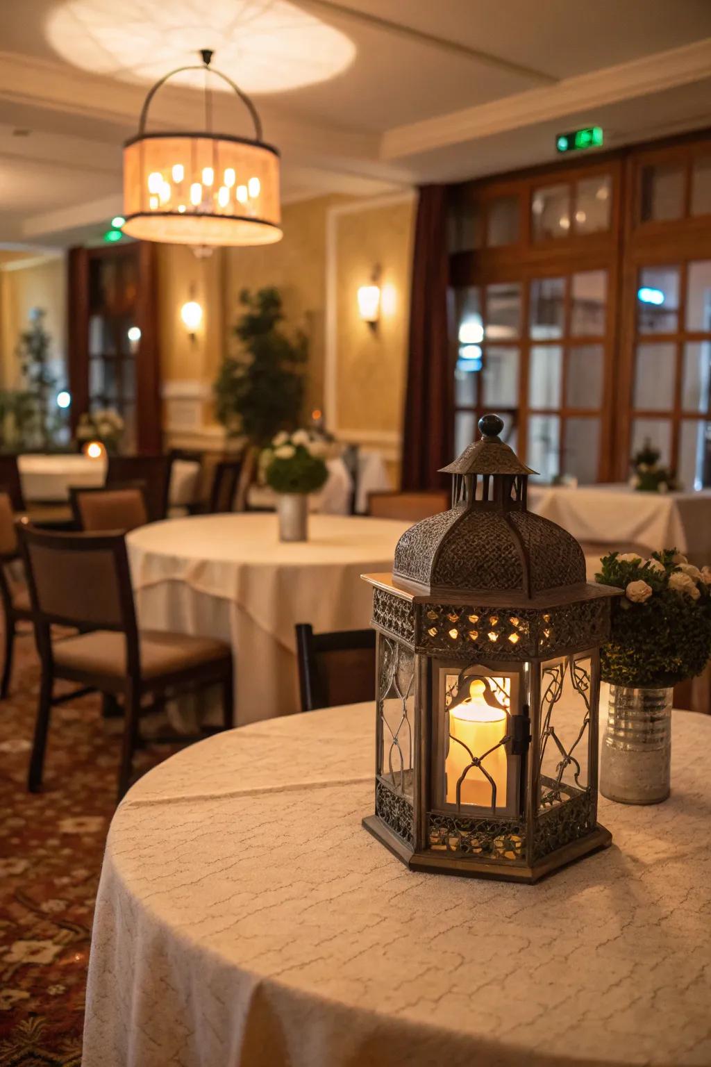 A lantern with LED lights delivers a cozy and fashionable centerpiece.