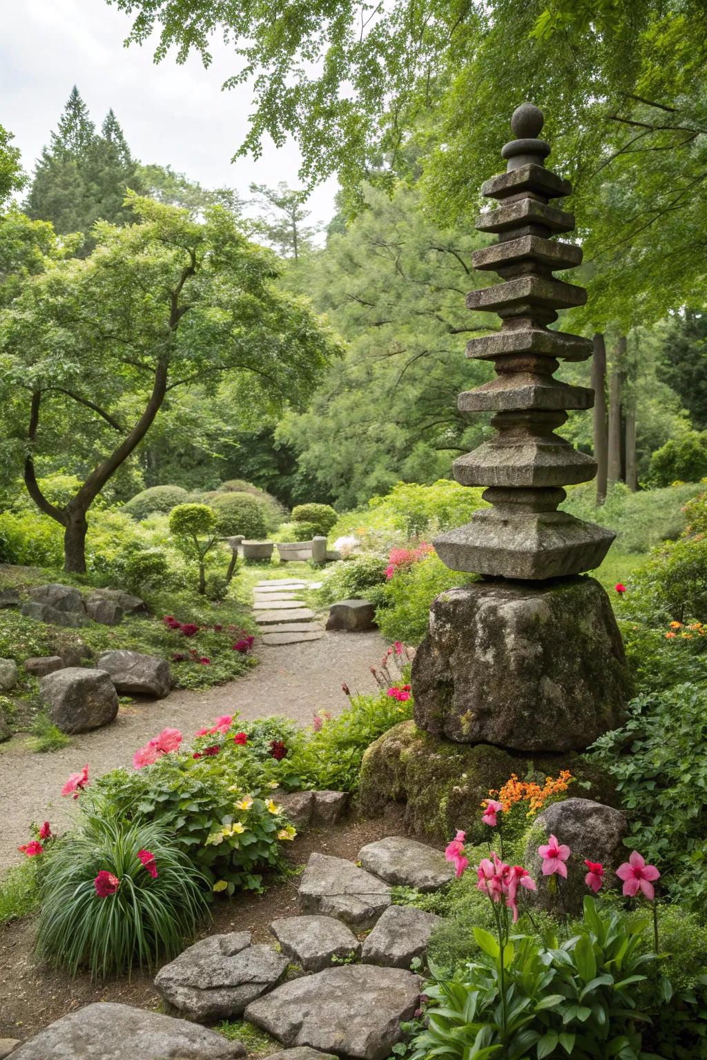 Piled stones create architectural interest in rock gardens.