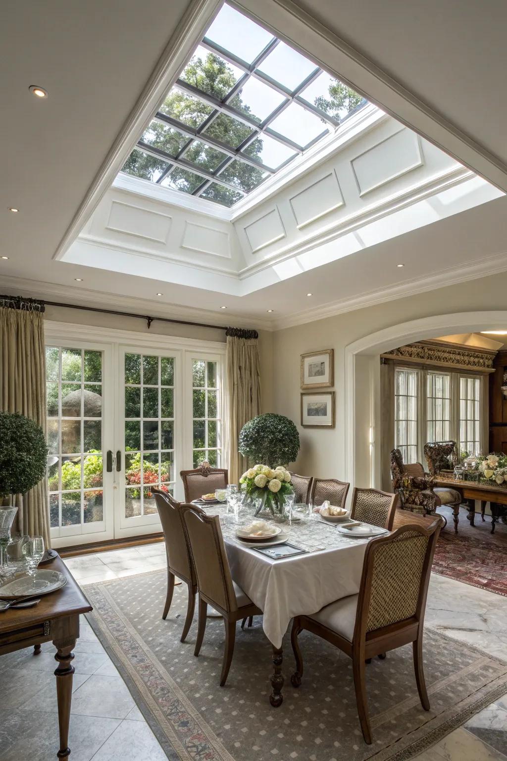 A grand dining room where the skylight is celebrated with bold, oversized trim.