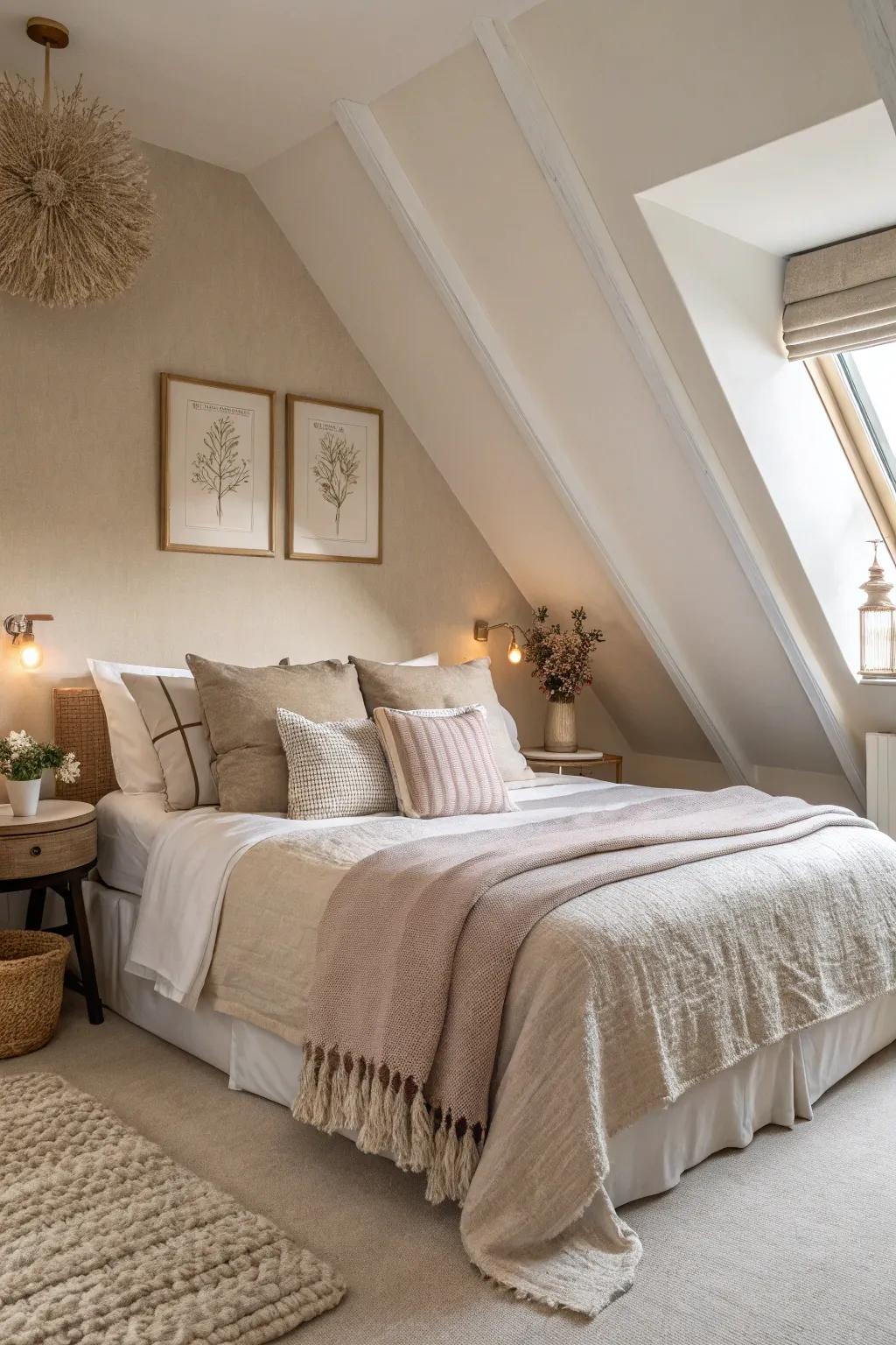 This inviting bedroom has a calming and tranquil tone thanks to the soft neutrals.