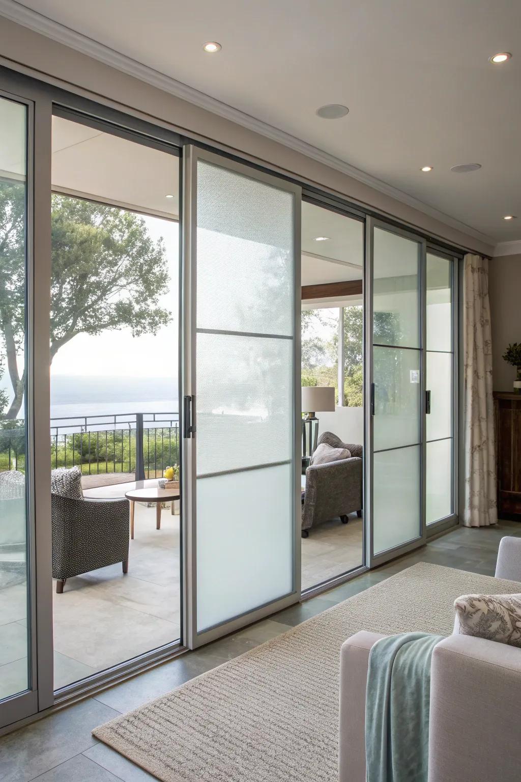 Blurred glass film ensures solitude while preserving brightness.