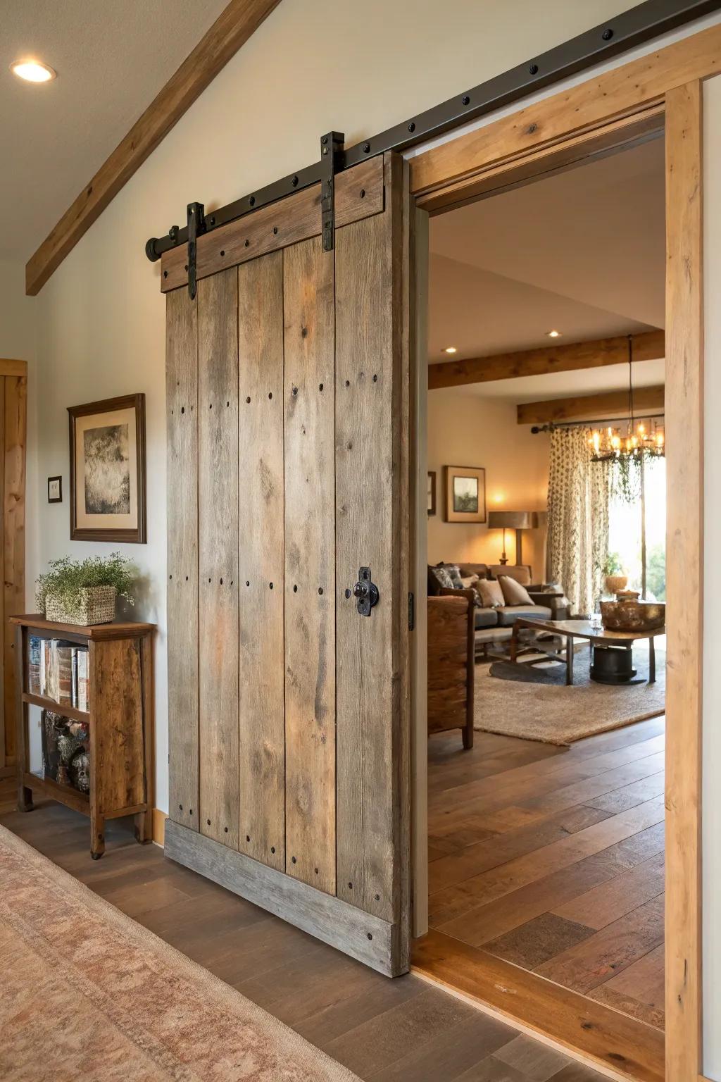 This eco-friendly sliding door made from reclaimed wood enhances this room.
