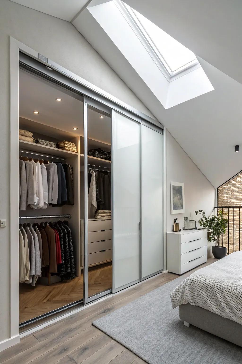 Sliding doors are a space-saving solution ideal for sloped ceiling closets.