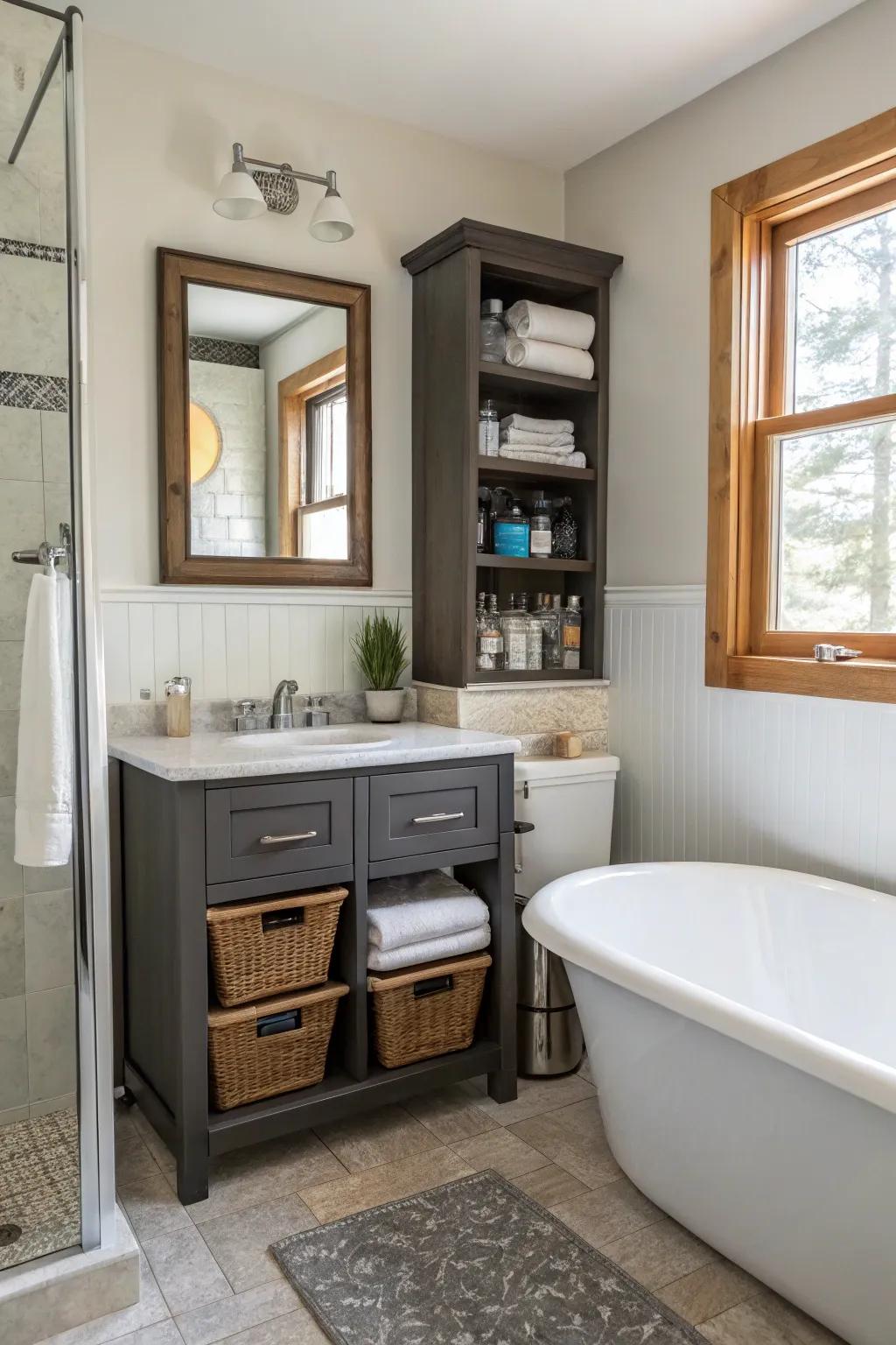 Multi-functional furniture maximizes space in a small bathroom.