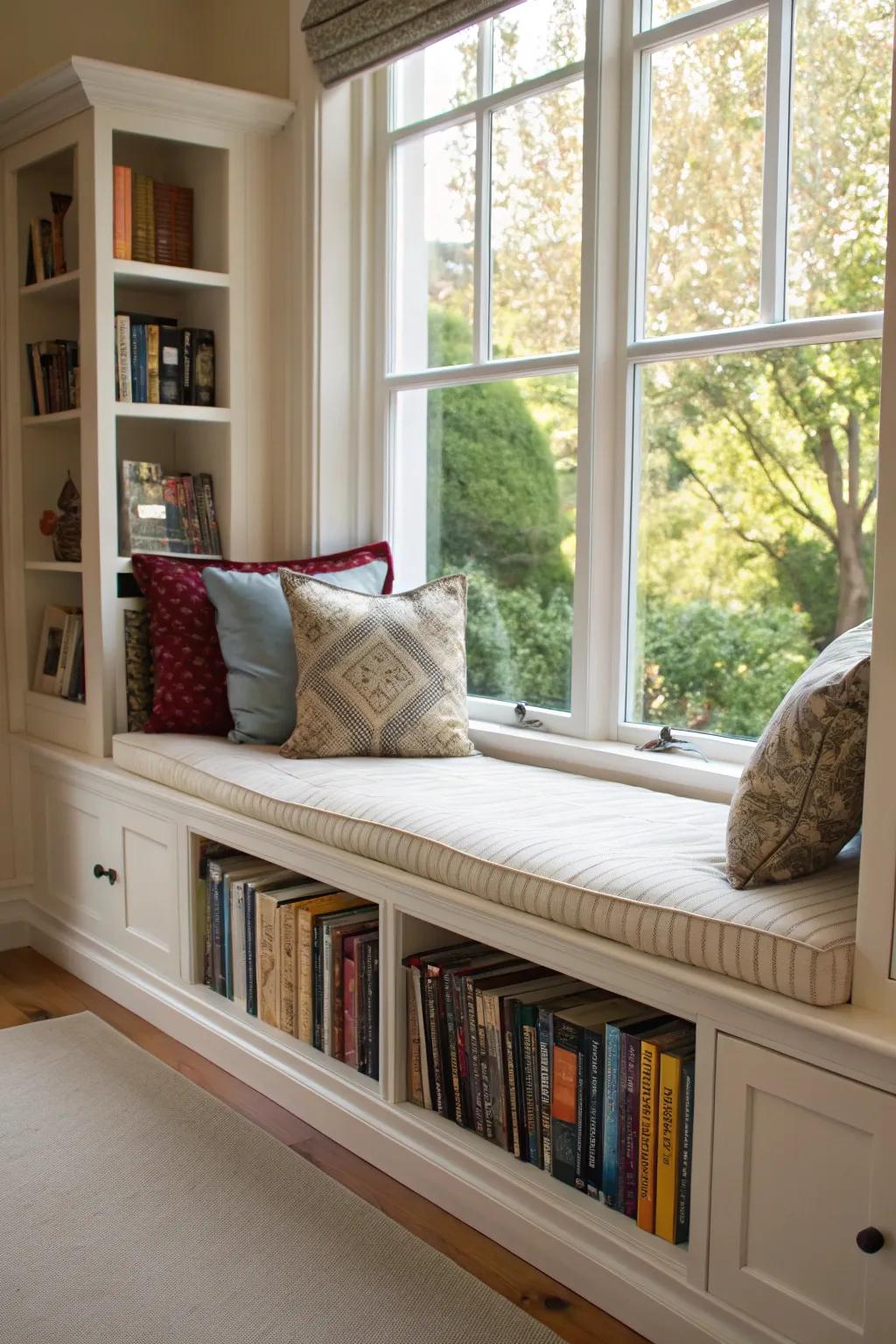 Window seats with book organizers extend solace and allure.