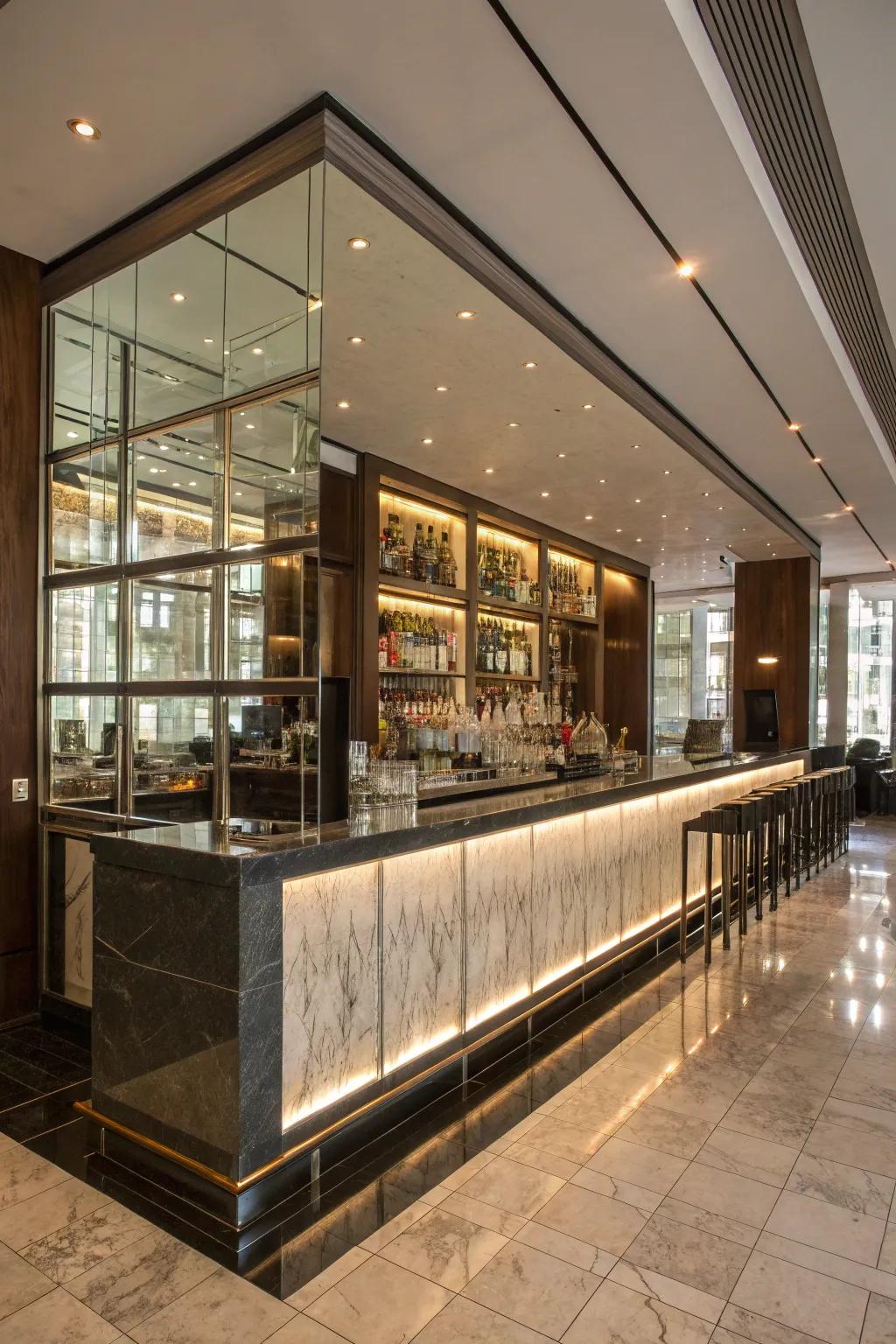 Mirrored surfaces add depth to a dry bar.