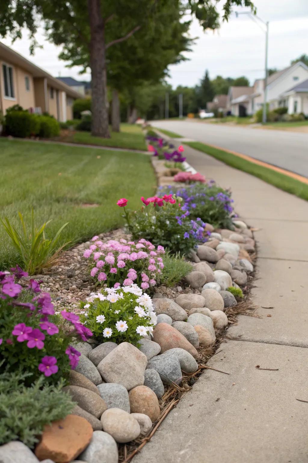 A charming compact flower garden artistically incorporated into a walkway.