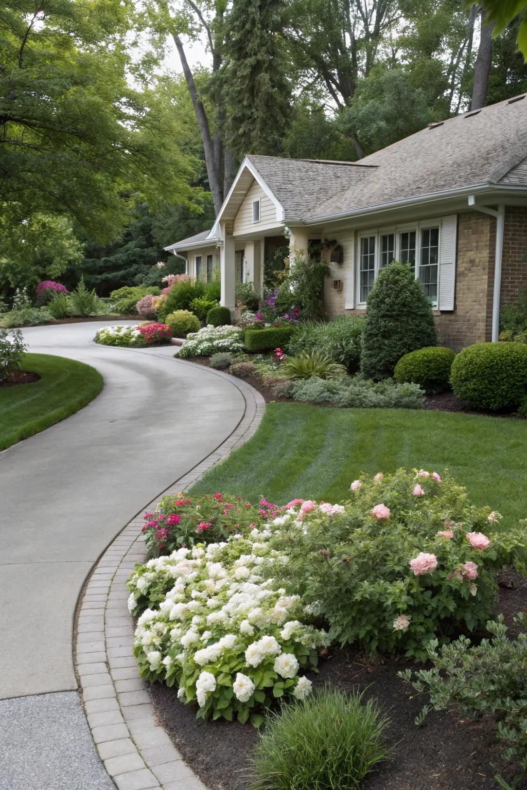 A serpentine driveway contributes a trace of elegance and intrigue.