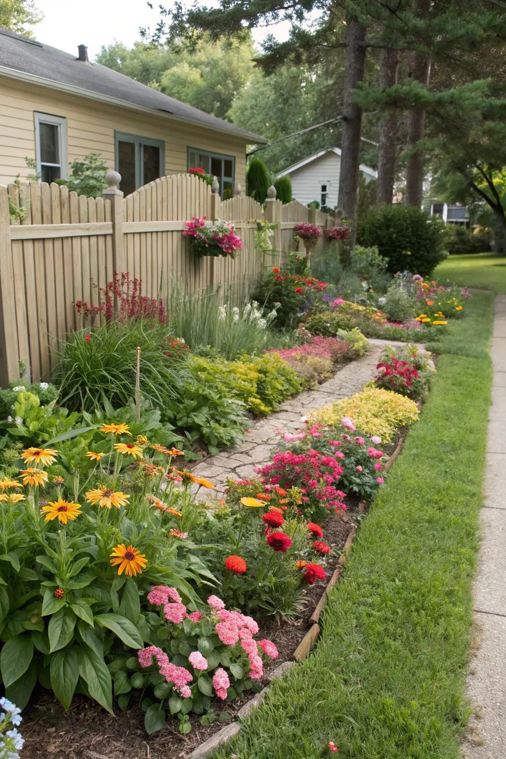 Front yard garden beds create a welcoming and colorful entrance.