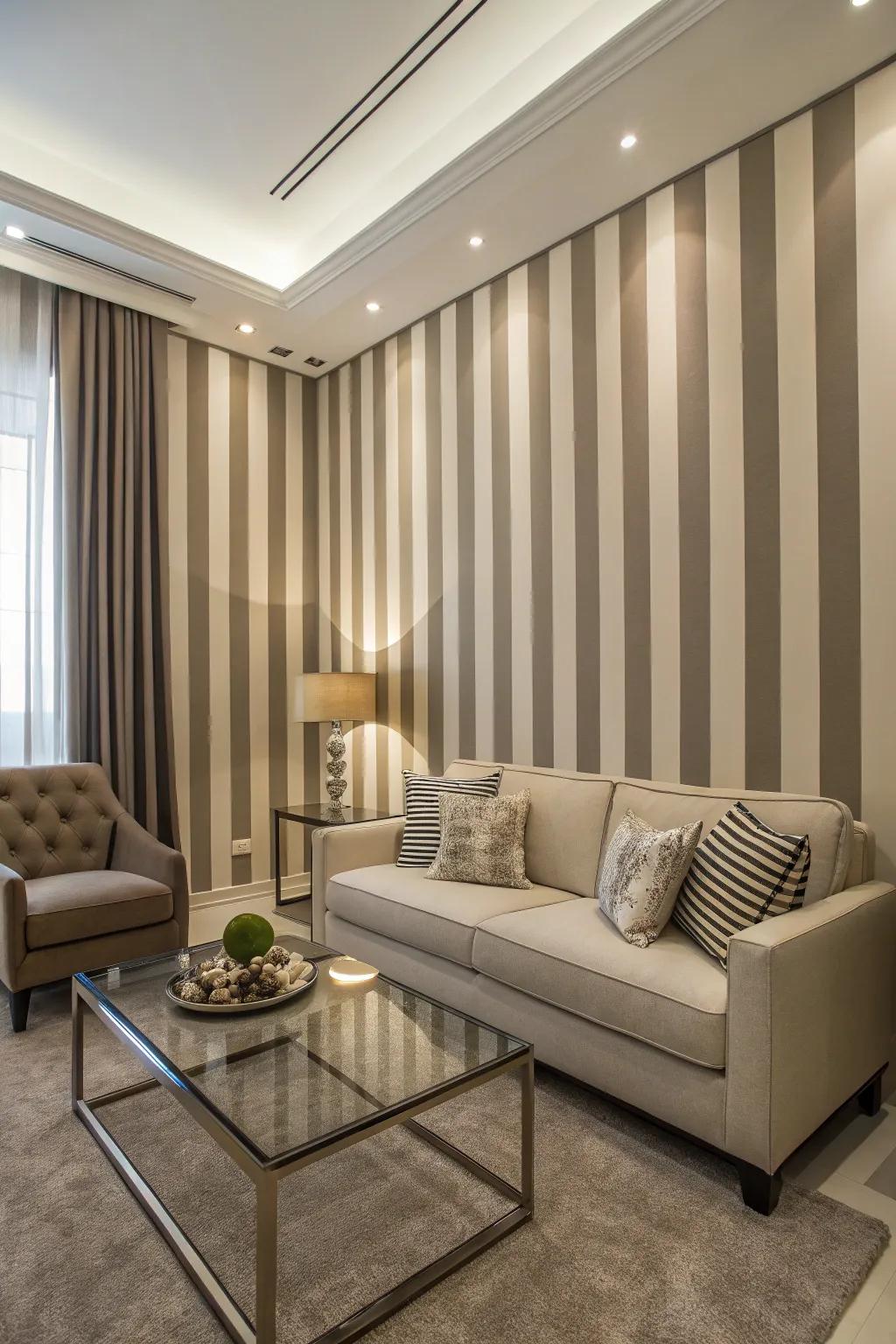 A compact living area showcasing vertical lines to enhance height.