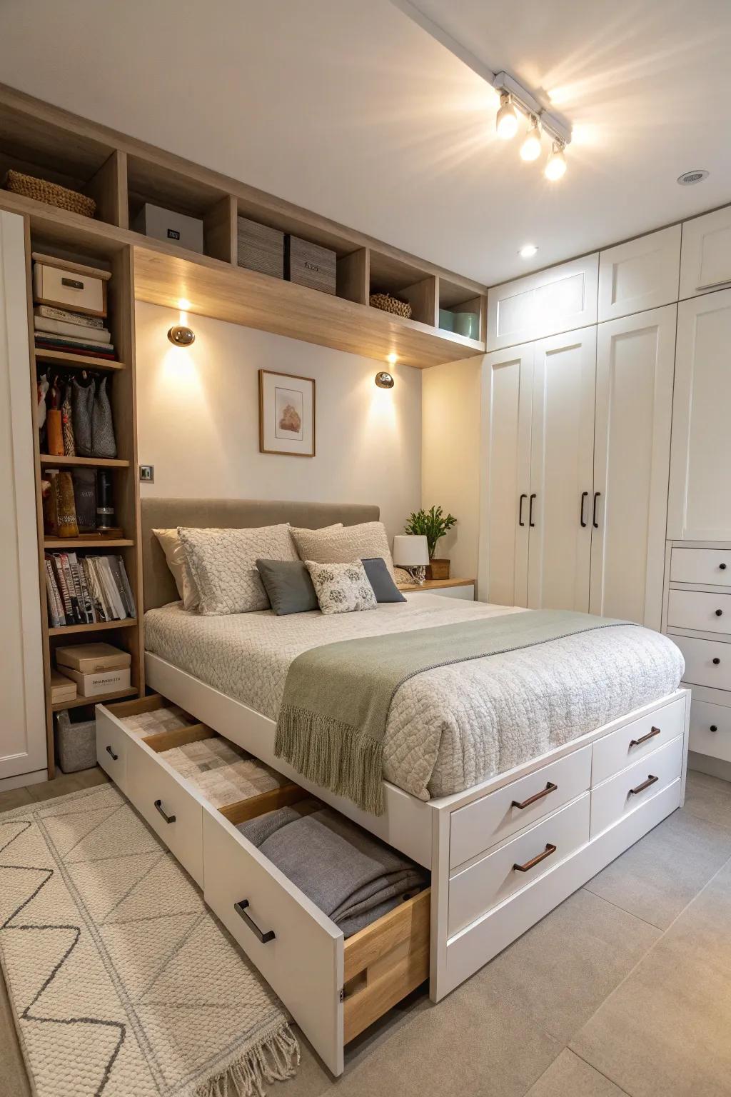 Multifunctional furniture enhances utility in a compact master bedroom.