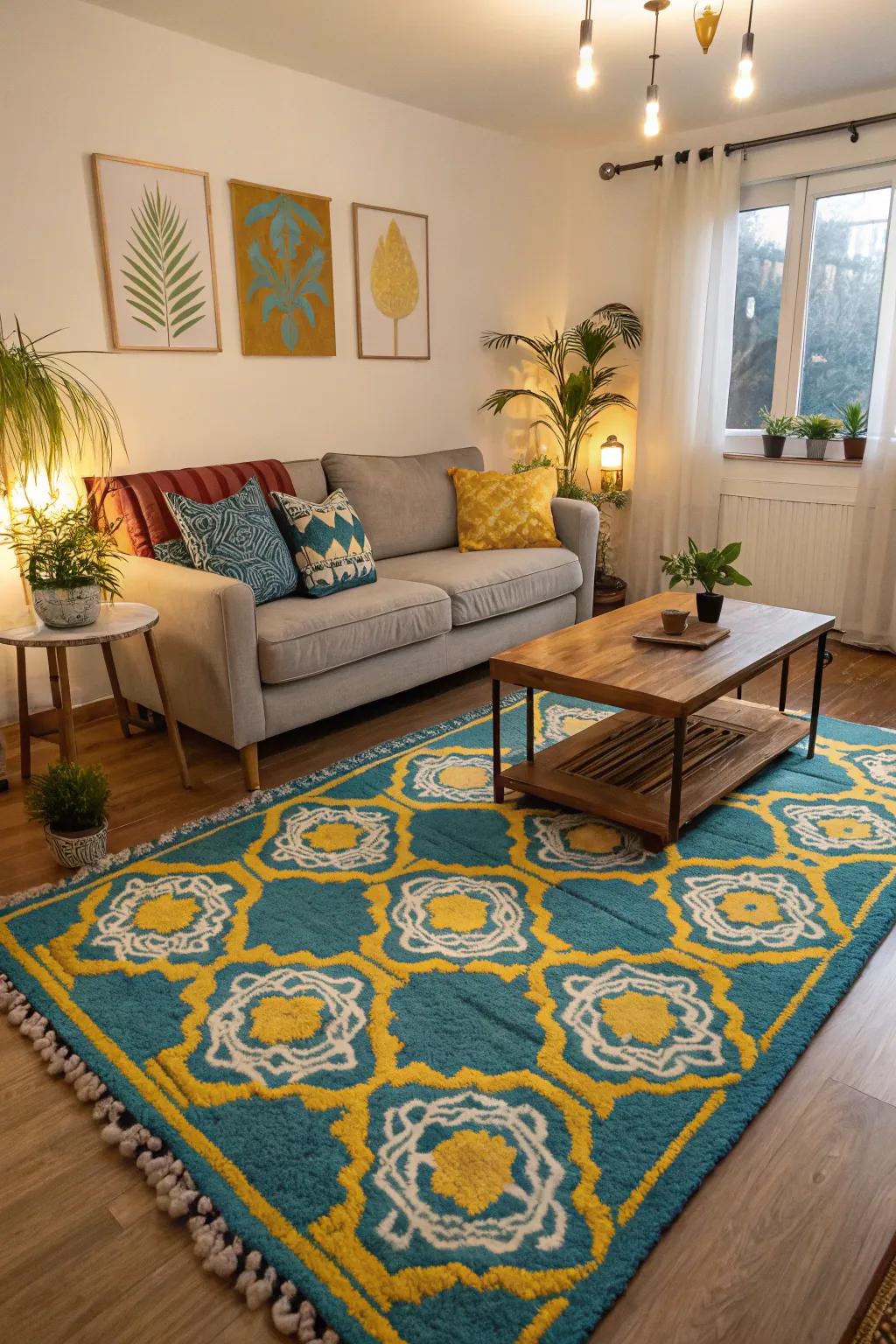 A vibrant rug can tie your room together wonderfully.