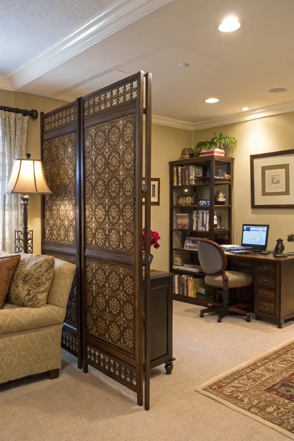A folding screen can conceal your workspace while introducing style.