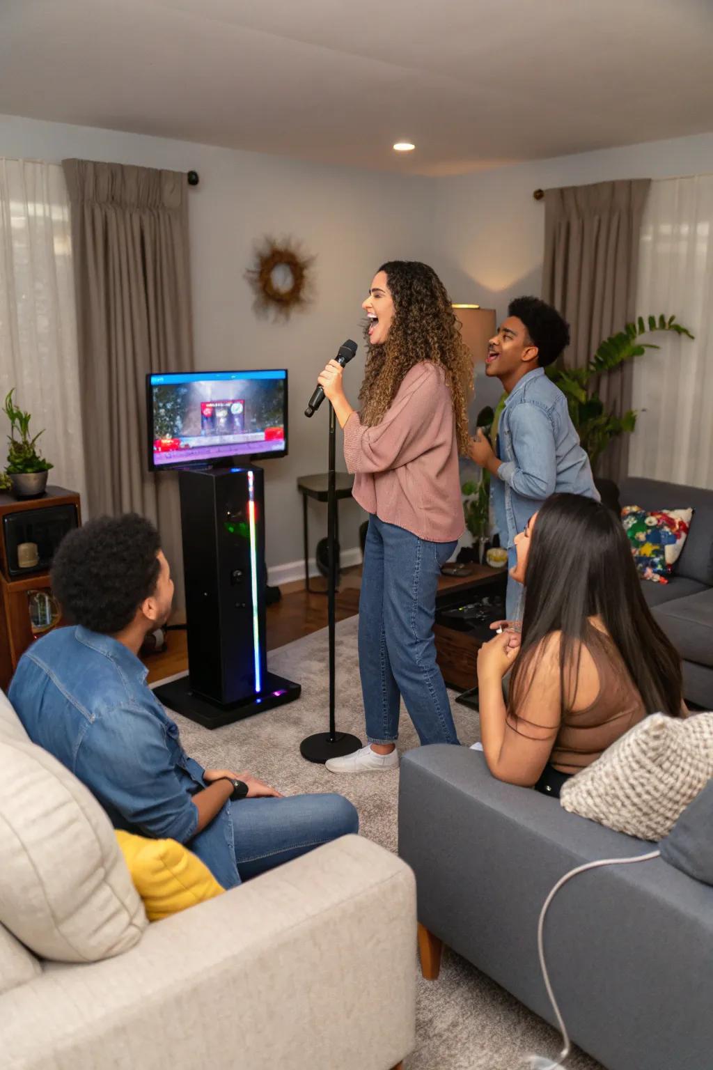 A spirited home karaoke session with friends singing and enjoying themselves.
