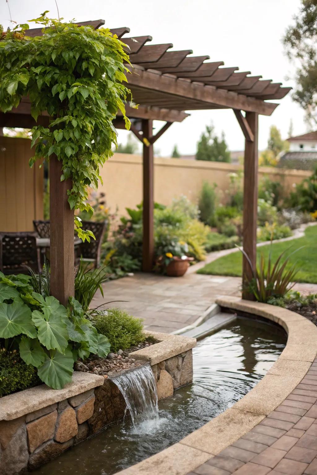A water feature adds a soothing element to a small framework setup.