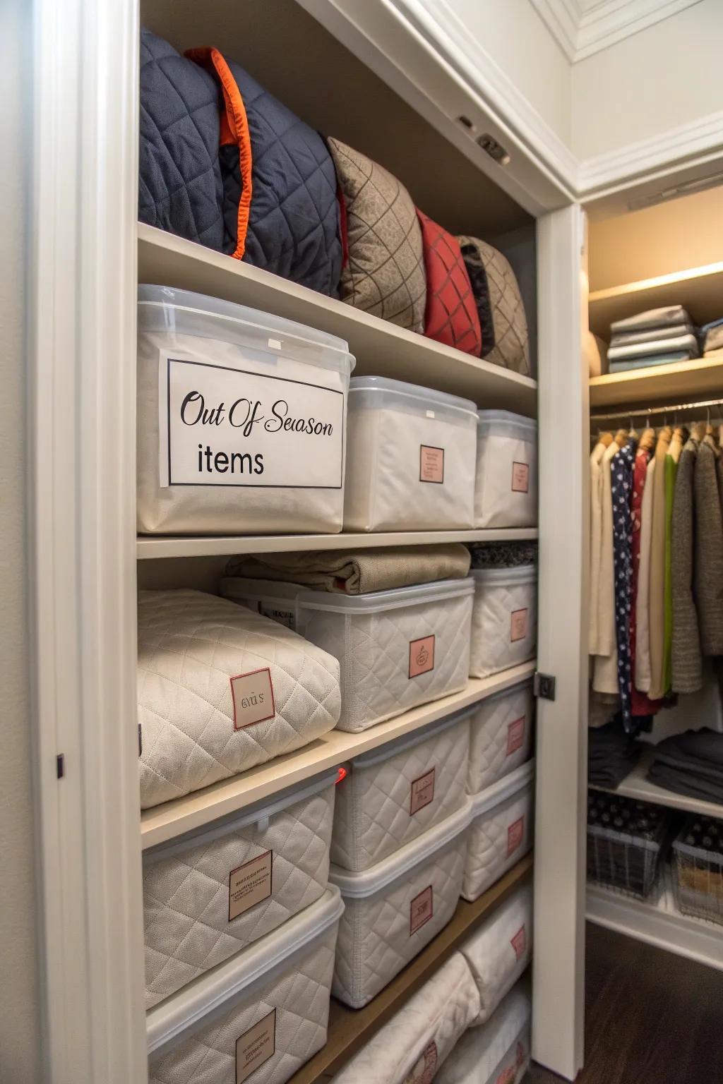 Seasonal rotation keeps the closet organized and spacious.