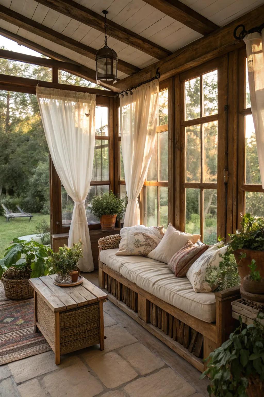 Raw fabrics like linen add comfort and simplicity to this sunroom.