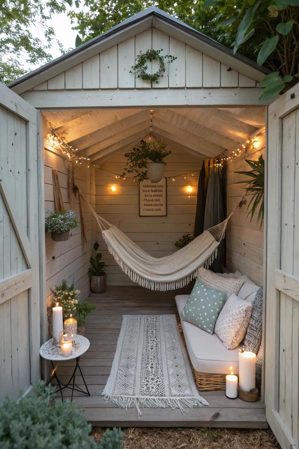 A peaceful chill-out space within a small shed.