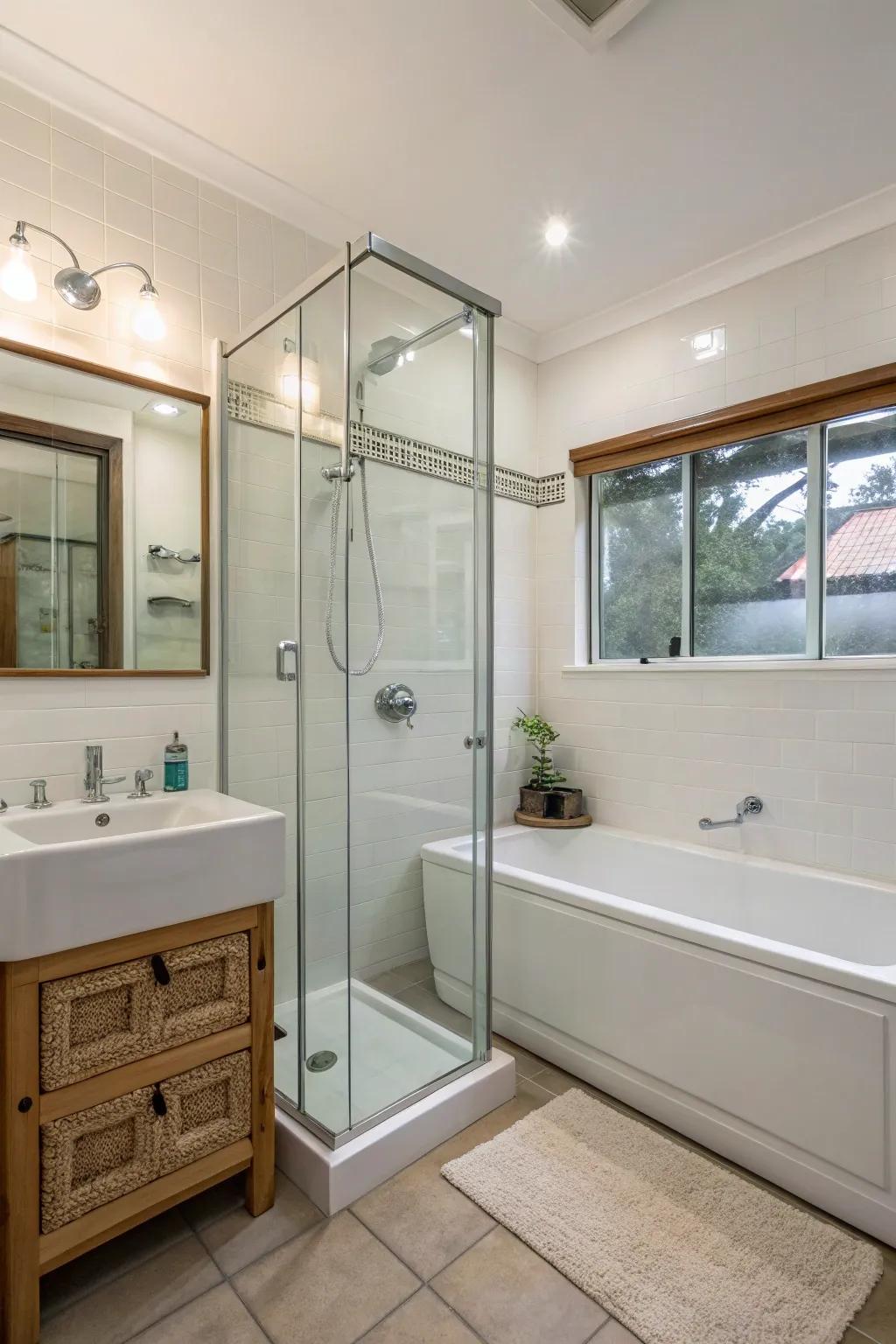Seamless transition with a glass and tub combo.