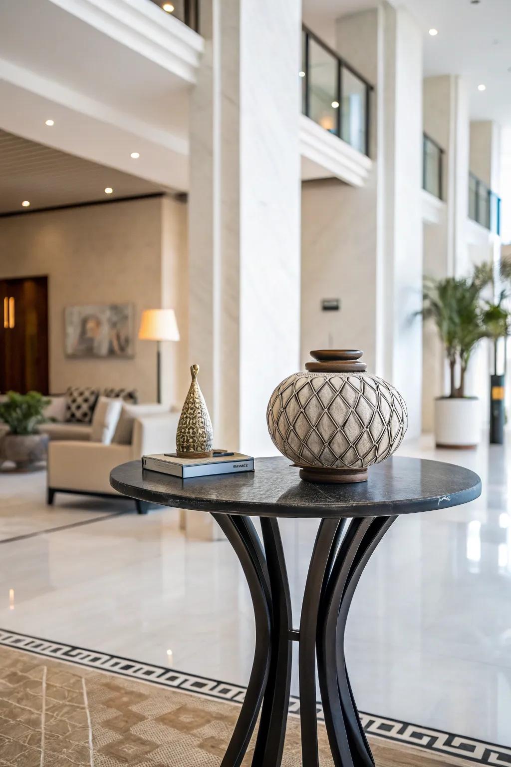 A striking central piece anchors the side table aesthetic.