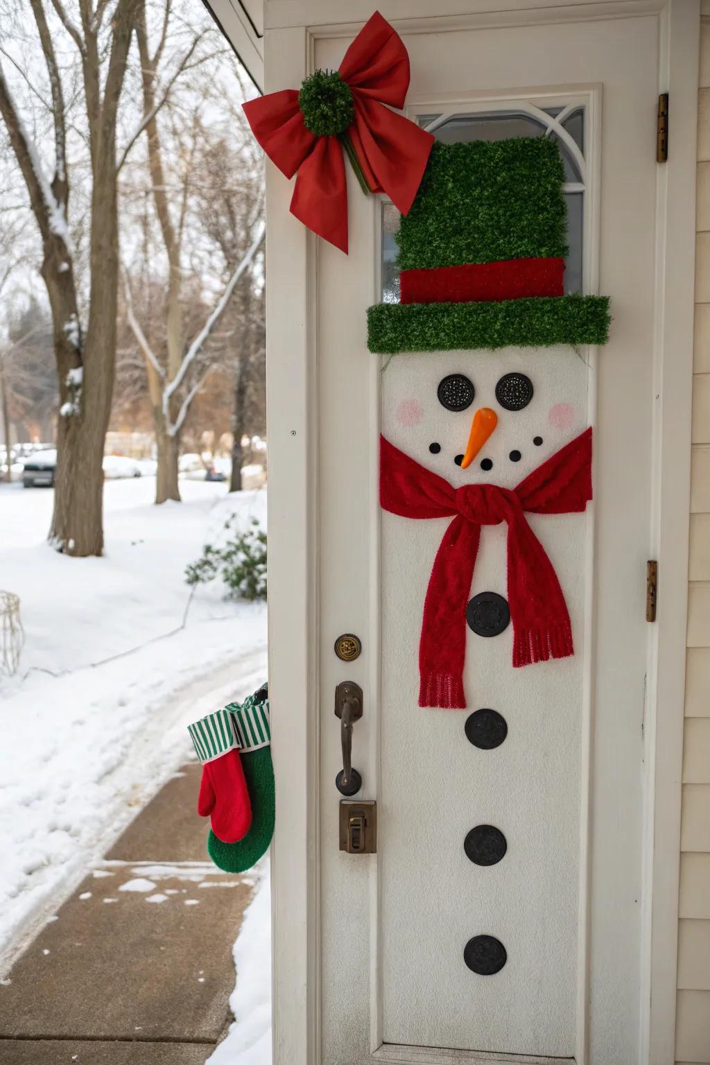 Audacious hues render your snowman door salient with festive panache.