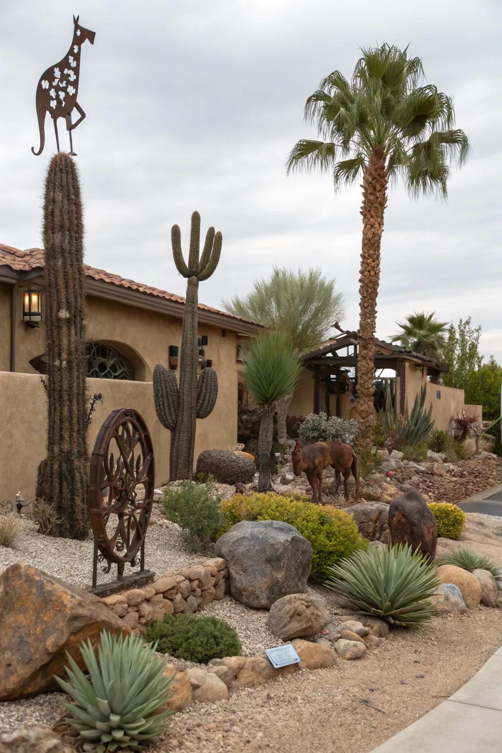 Distinctive metal art adding a unique touch to the garden.