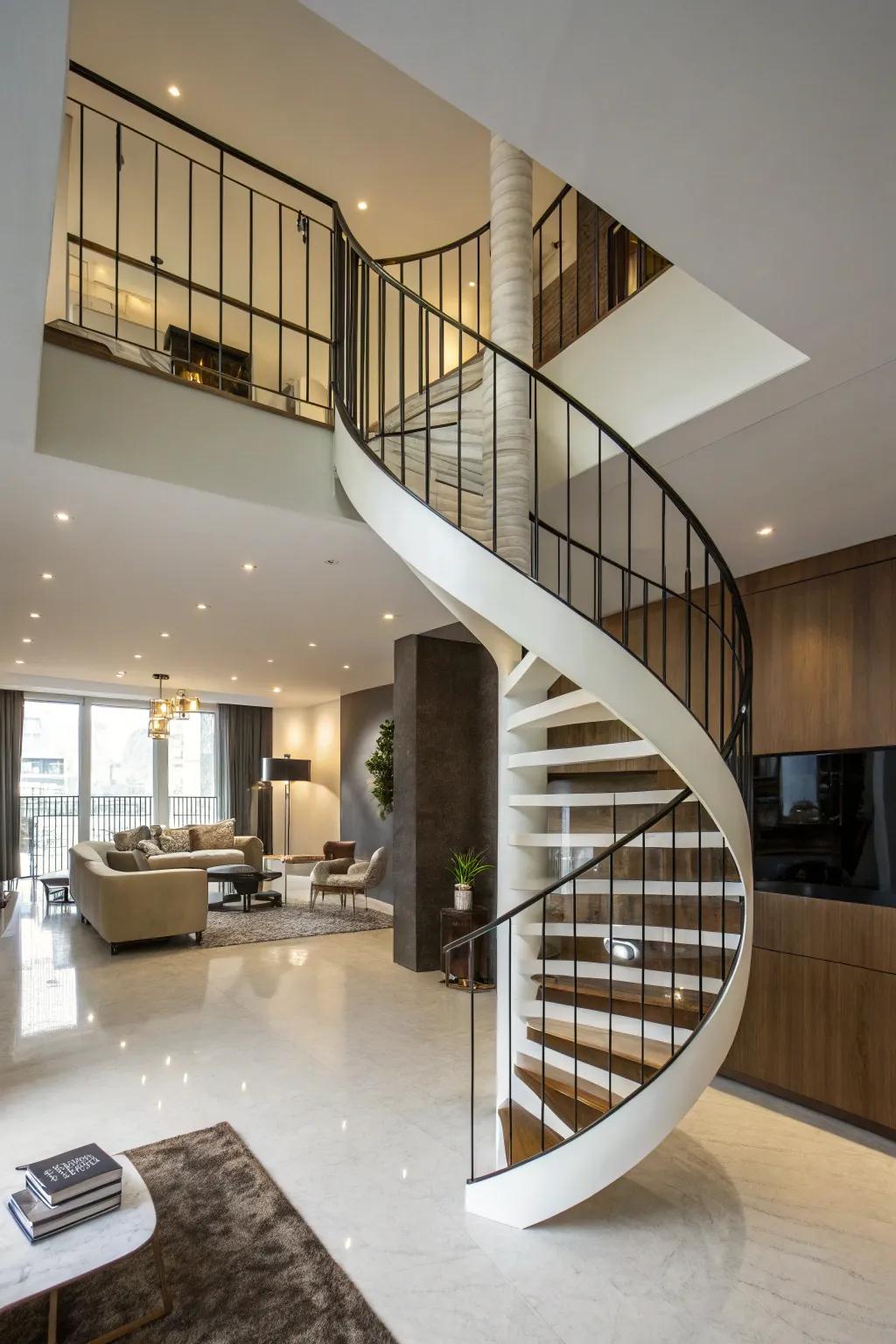 Coiled stairways save space and make a stylish statement.