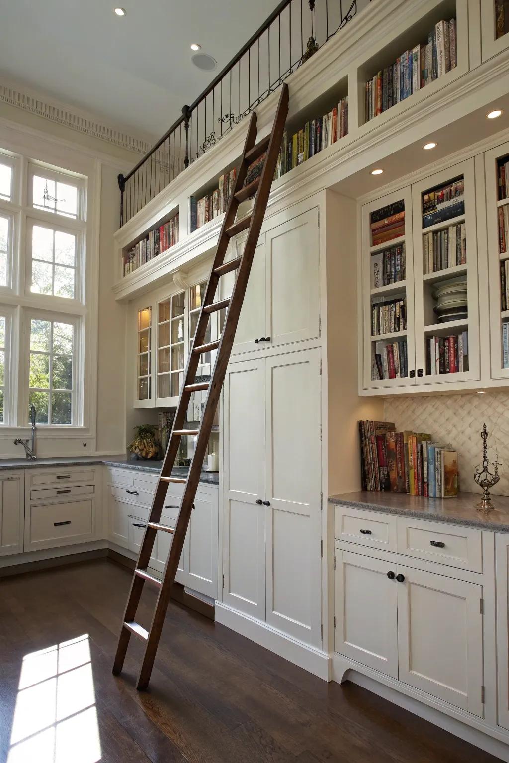 A rolling ladder adds both functionality and allure to elevated kitchen spaces.