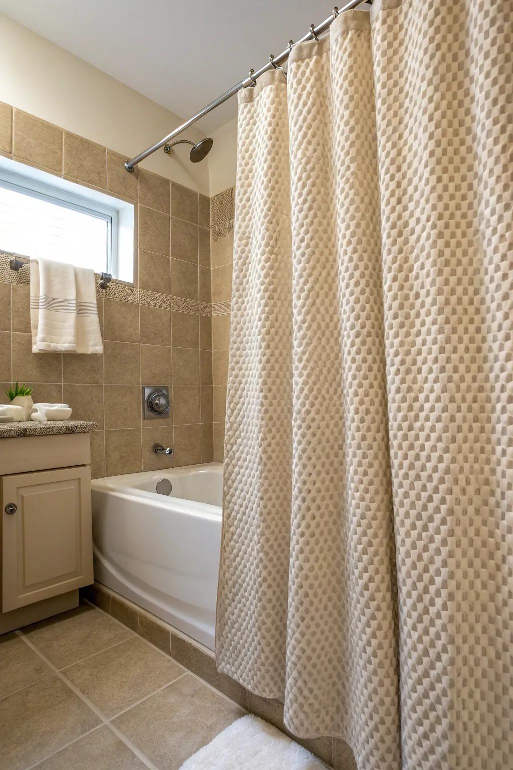 Layered textiles contribute dimension and curiosity to bathroom décor.