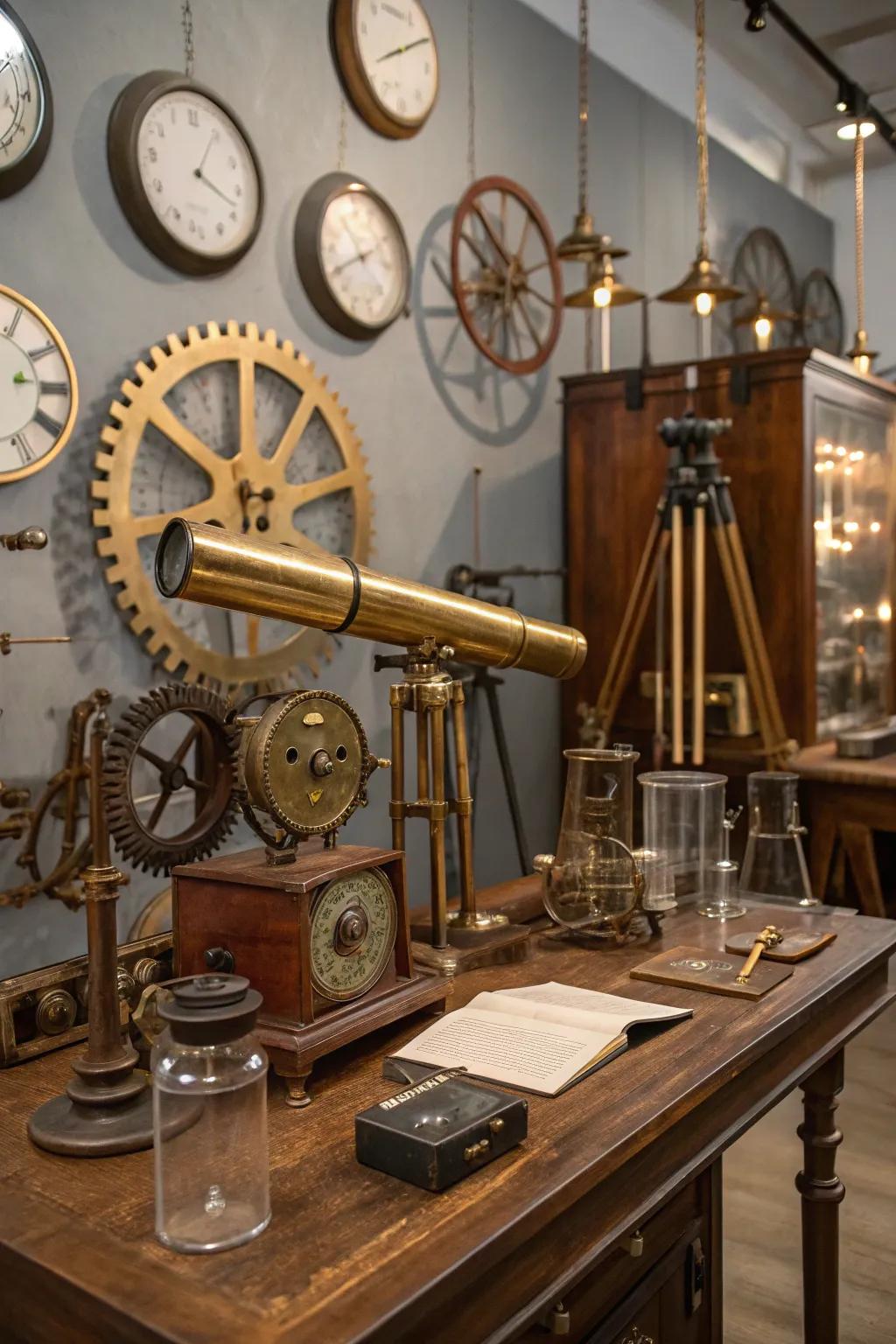 Vintage scientific instruments evoke a spirit of discovery in this steampunk space.