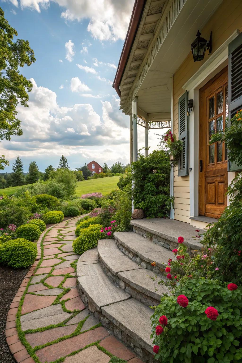 Curvy rock steps create a whimsical entrance.