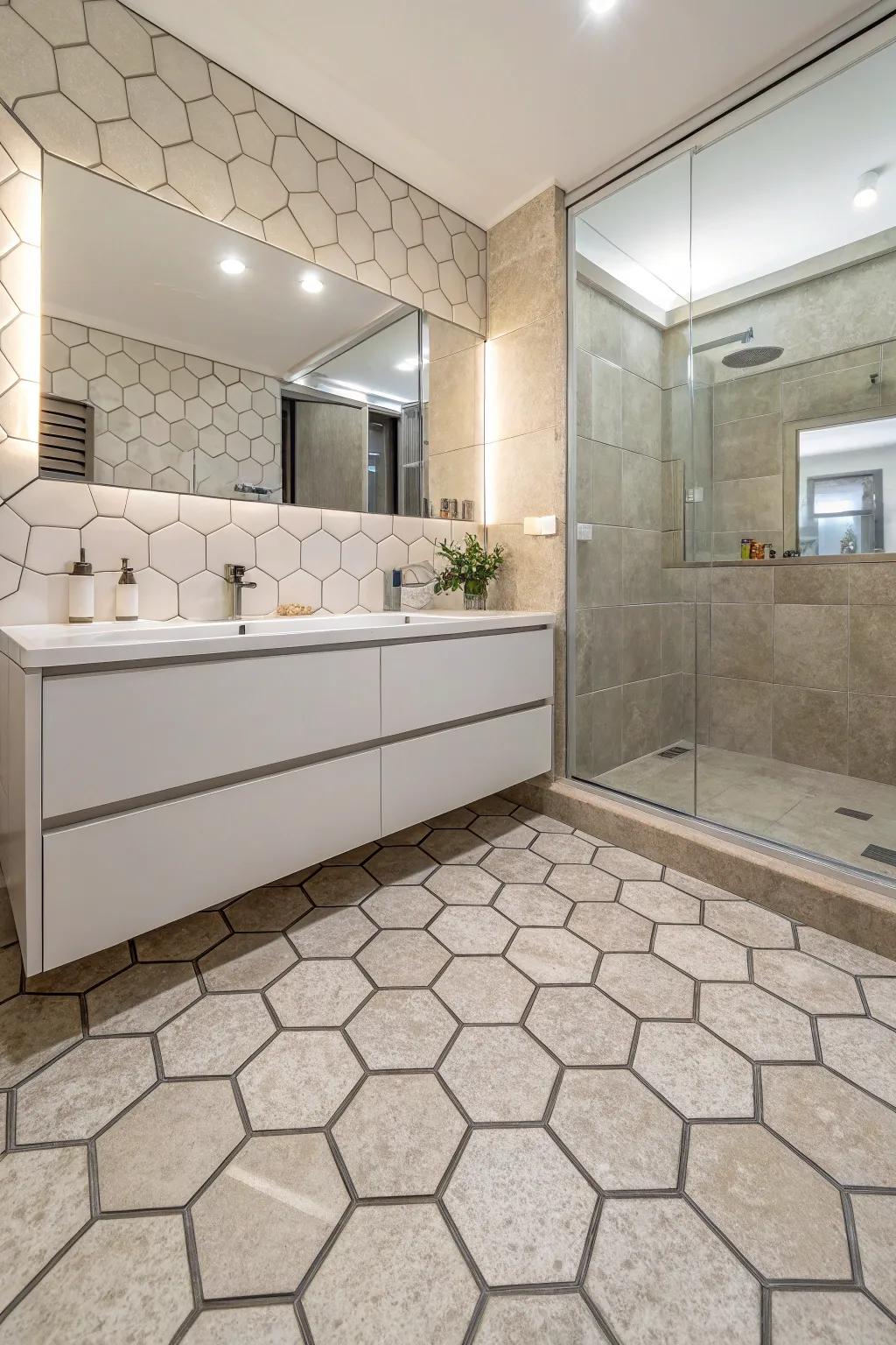 Hexagonal tiles impart a contemporary geometric elegance to stone showers.