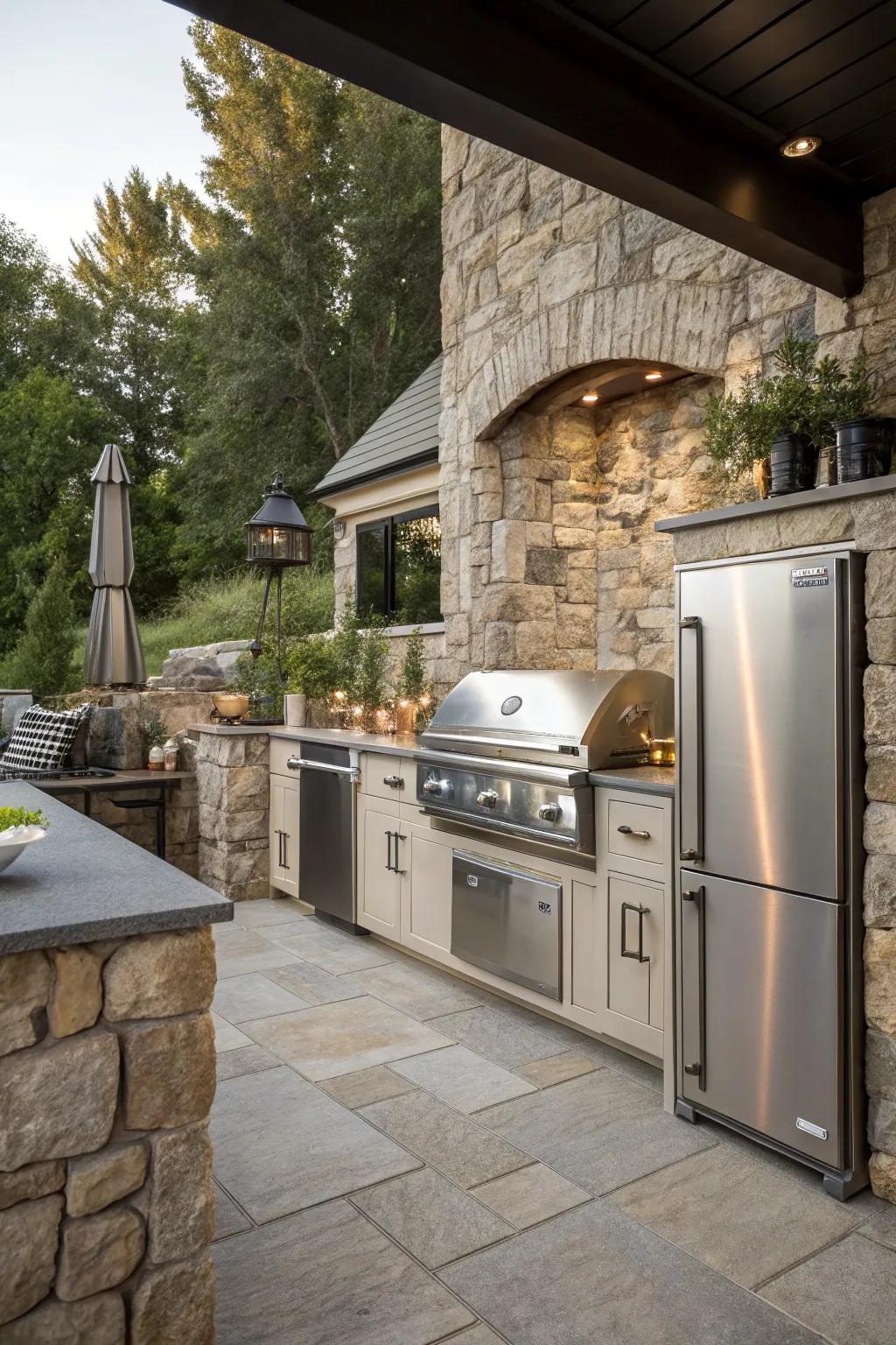 An exterior cooking space enhanced by the elegance of a stone wall.